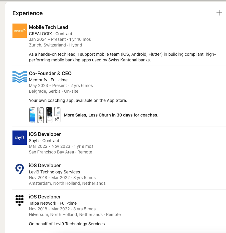 LinkedIn Experience section example showing results focused bullet points with numbers and achievements not just responsibilities
