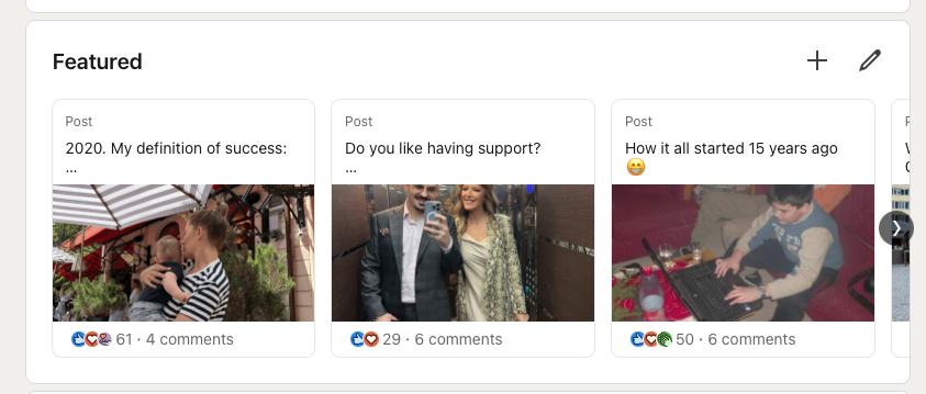 LinkedIn Featured section example showing where to add visual proof like video demos GitHub links and case studies