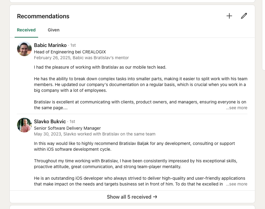 LinkedIn Recommendations section example showing how social proof and testimonials build trust with recruiters