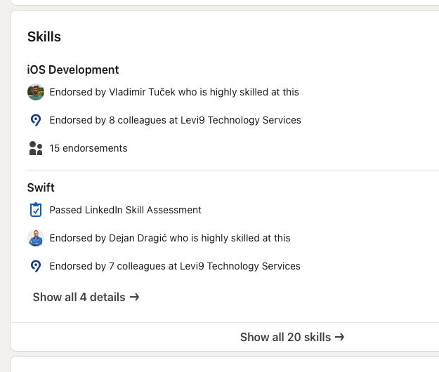 LinkedIn Skills section example showing 5 to 7 focused relevant skills that match target job requirements for algorithm matching