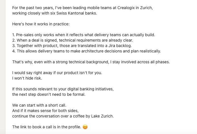LinkedIn About section example showing structure for 30-second commercial what problems you solve who you help and how